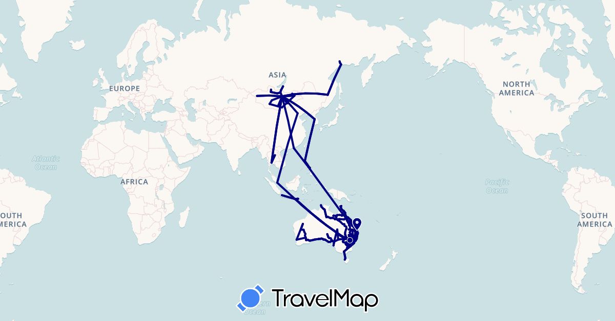 TravelMap itinerary: driving in Australia, China, Indonesia, South Korea, Laos, Mongolia, Philippines, Russia, Singapore, Thailand (Asia, Europe, Oceania)